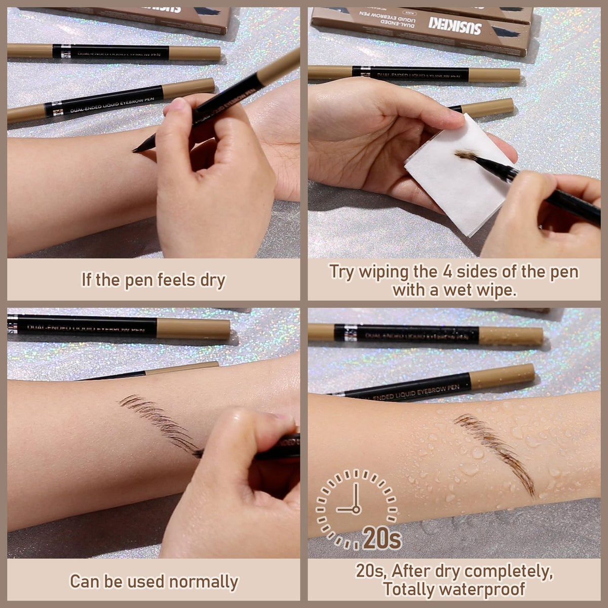 Applying SUSIKEKI pencil in front of mirror for quick everyday grooming