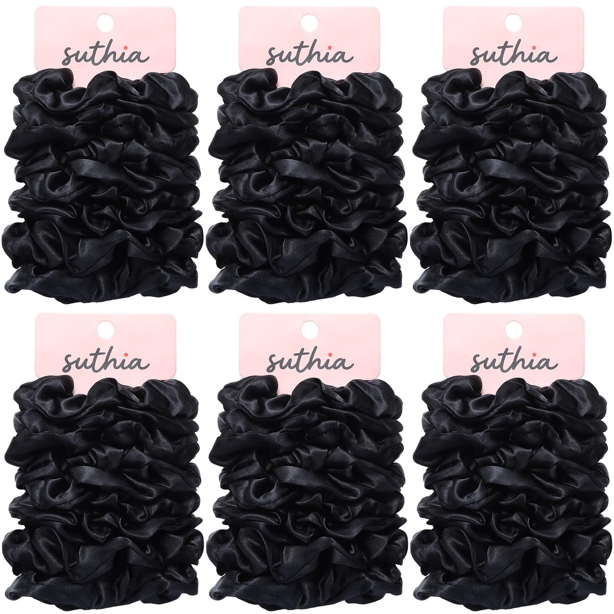 SUTHIA front packaging showing 60 black satin scrunchies — convenient bulk supply