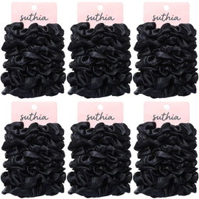 SUTHIA front packaging showing 60 black satin scrunchies — convenient bulk supply