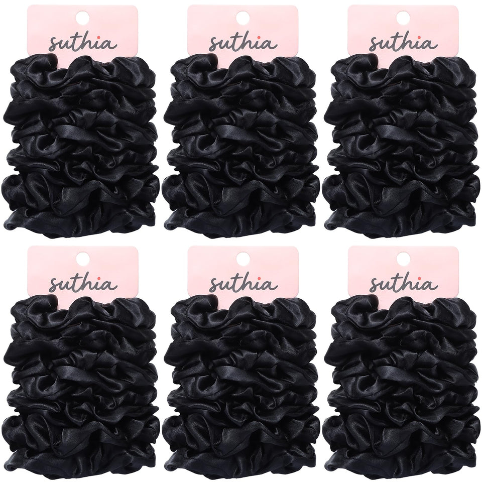 SUTHIA front packaging showing 60 black satin scrunchies — convenient bulk supply