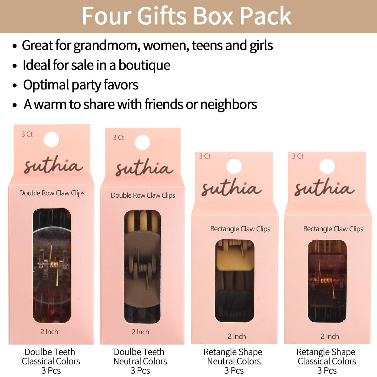 SUTHIA gift boxes with three clips each, ready for gifting and storage