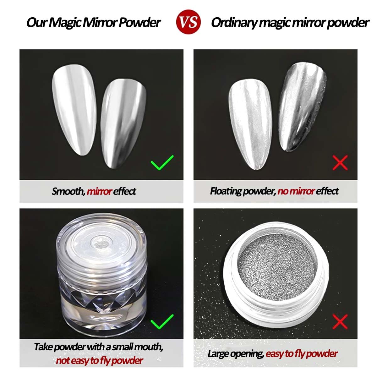 SUTOZMIWE chrome powder on black nail swatch for high-reflective mirror effect