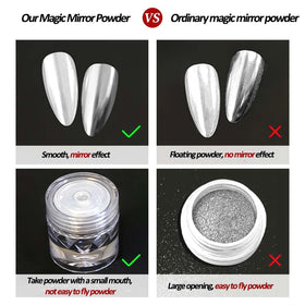 SUTOZMIWE chrome powder on black nail swatch for high-reflective mirror effect