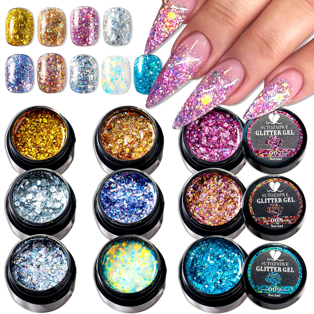 SUTOZMIWE front packaging of 9-color glitter gel set showing variety and compactness