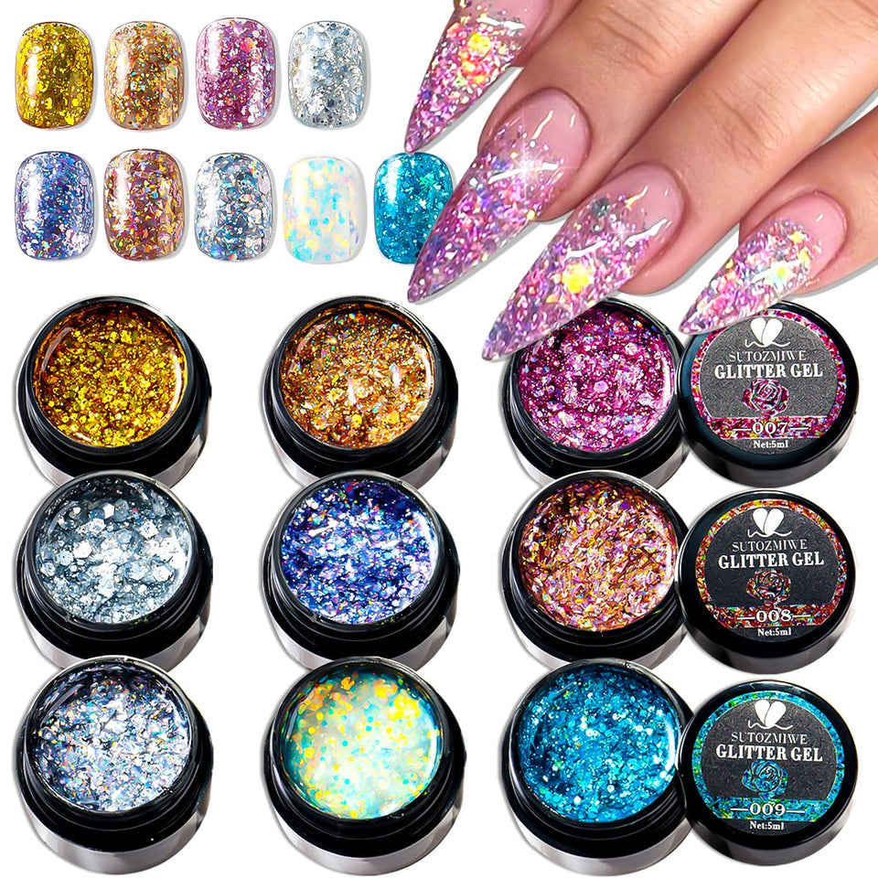 SUTOZMIWE front packaging of 9-color glitter gel set showing variety and compactness