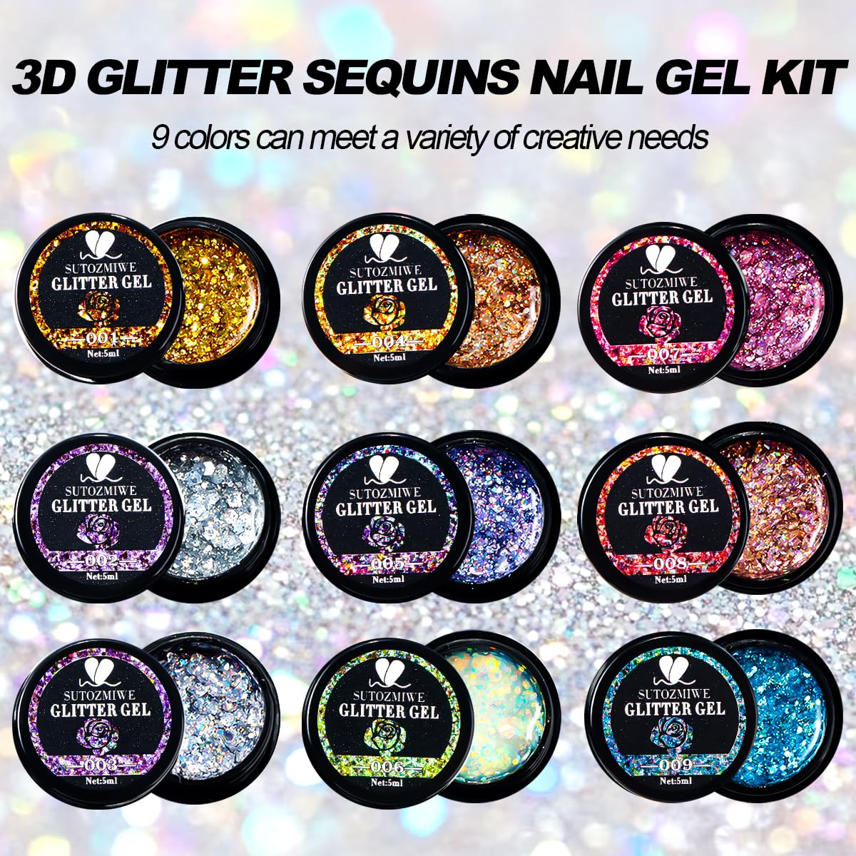 SUTOZMIWE opened box with visible 5ml glitter gel bottles ready to use