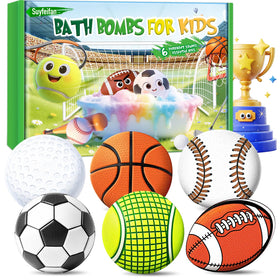 Suyfeifan packaging showing six sports-shaped bath bombs for playful baths