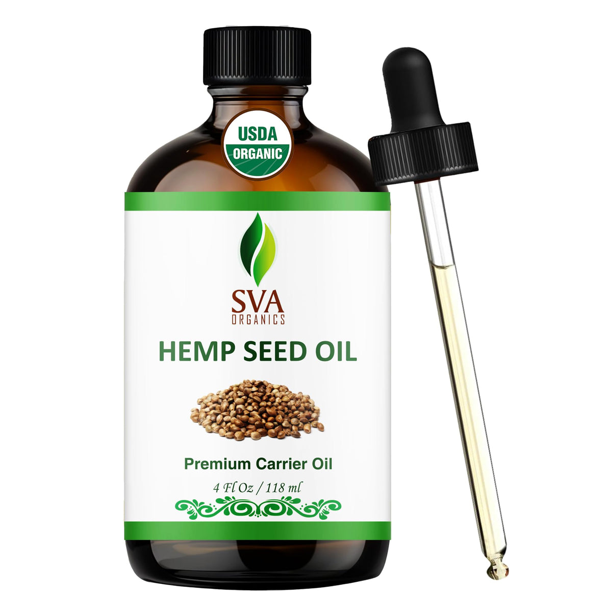 SVA ORGANICS front packaging showing amber 4oz bottle and dropper for precise use
