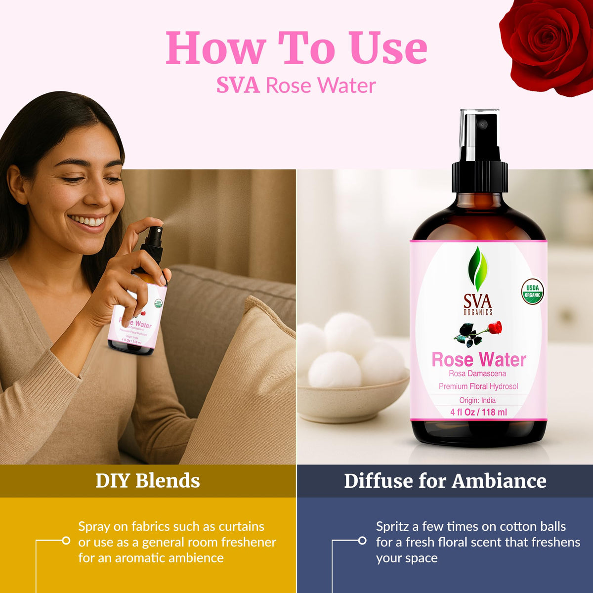 SVA ORGANICS sprayed cushion illustrating fabric freshening and pleasant scent