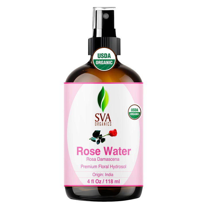 SVA ORGANICS front packaging showing the 4oz rose water spray and brand clarity