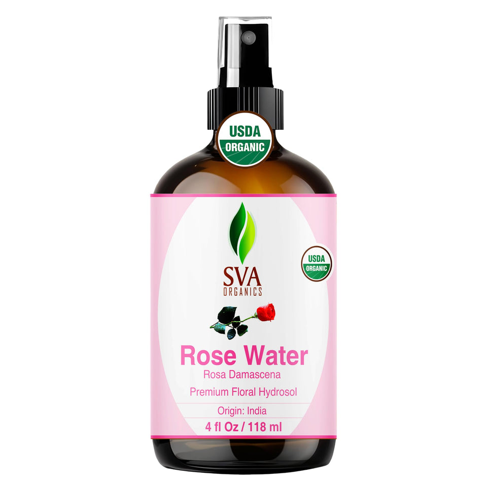 SVA ORGANICS front packaging showing the 4oz rose water spray and brand clarity