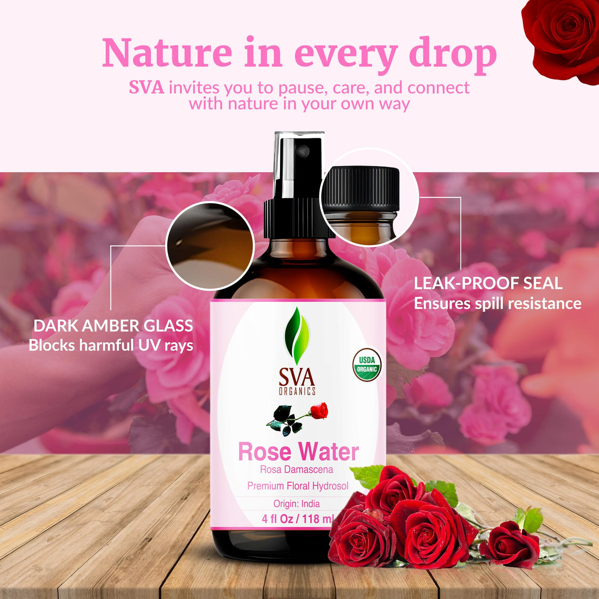 SVA ORGANICS label close-up showing organic rose hydrosol ingredients and quality