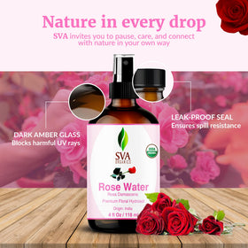 SVA ORGANICS label close-up showing organic rose hydrosol ingredients and quality