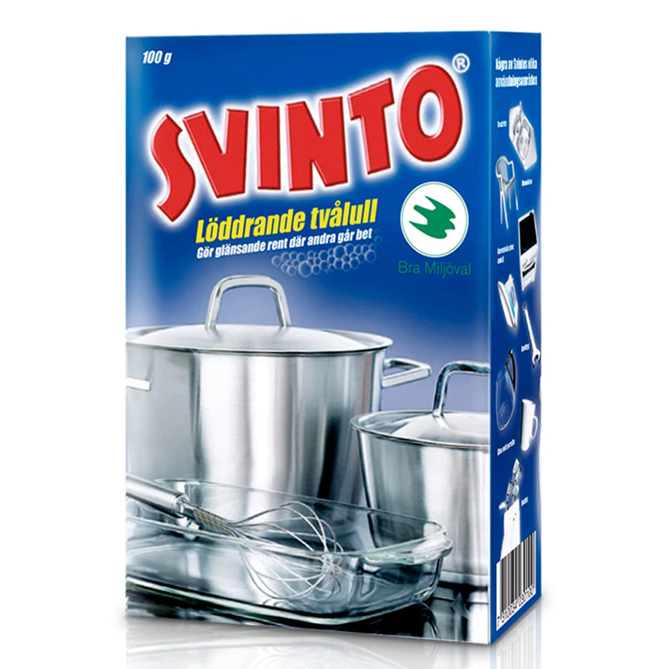 Svinto front packaging showing brand and soap-infused steel wool for effective cleaning