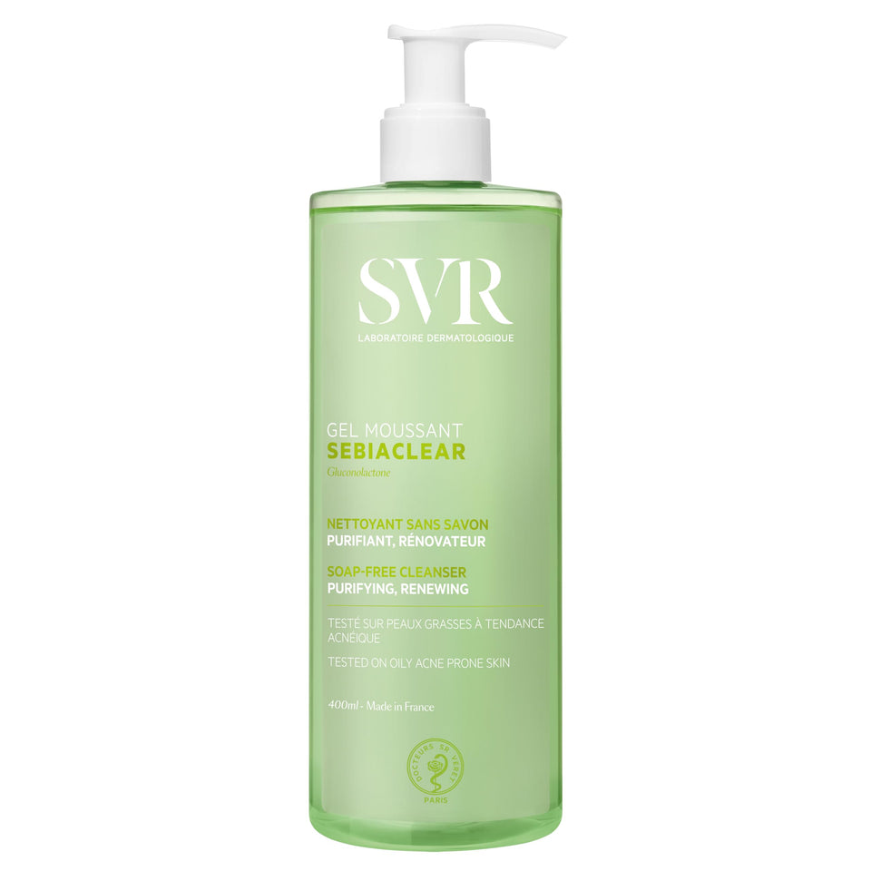 SVR front bottle view showing label and 13.5 fl.oz size, clear packaging benefit