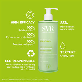 SVR ingredient focus showing salicylic acid and gluconolactone, clarifying exfoliation benefit