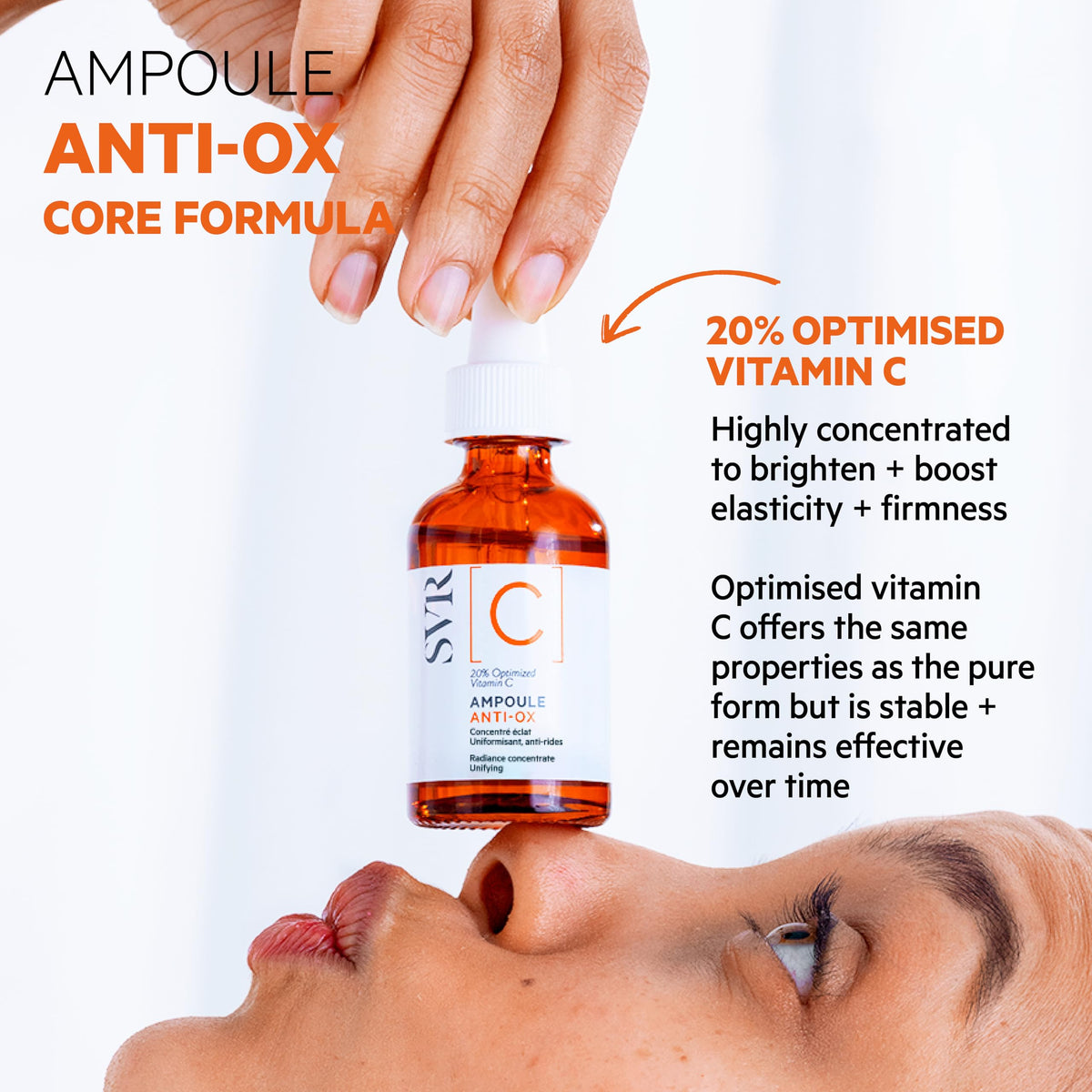 SVR close-up of label, conveys 20% optimized vitamin C and ingredient transparency