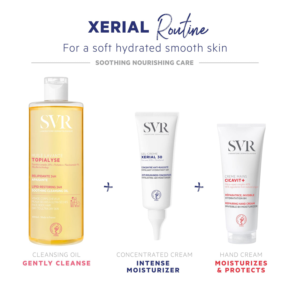 SVR Xerial 30 on bathroom counter in lifestyle scene, suggests everyday targeted skin care routine