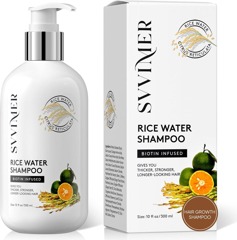 Svvimer front packaging showing rice water shampoo and clear product benefits