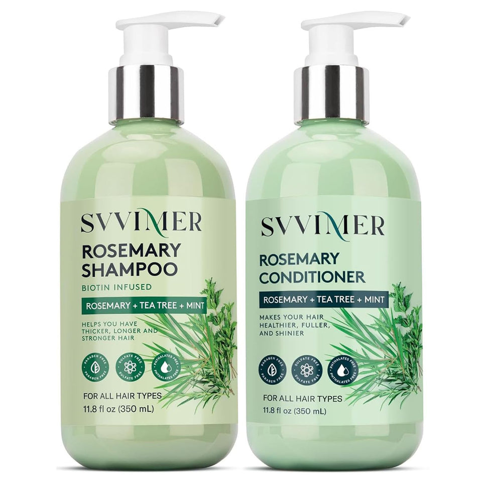 Svvimer front packaging of shampoo and conditioner showing complete set benefit