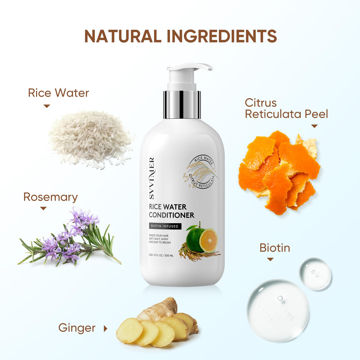 Svvimer ingredient label showing biotin and rice water benefits