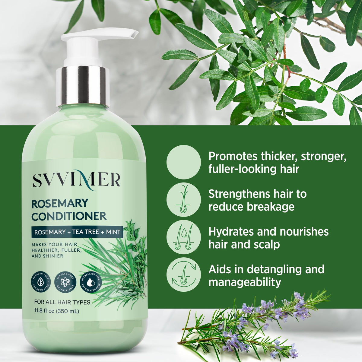svvimer pour texture showing creamy conditioner, brand smoothing hydration benefit