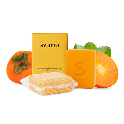 Swarva front packaging showing two persimmon cleanser bars and benefits