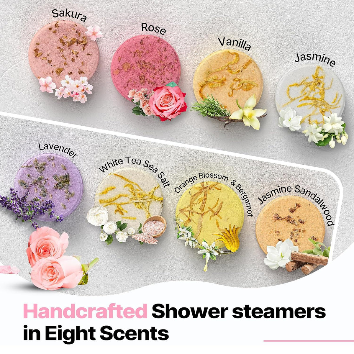 SWCANDY eight shower tablets arranged to show variety and choice