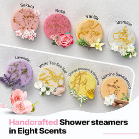 SWCANDY eight shower tablets arranged to show variety and choice