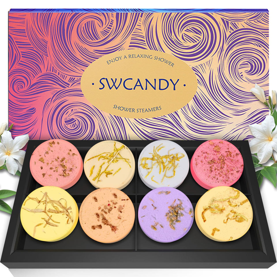 SWCANDY front packaging showing eight colorful steamers and benefits