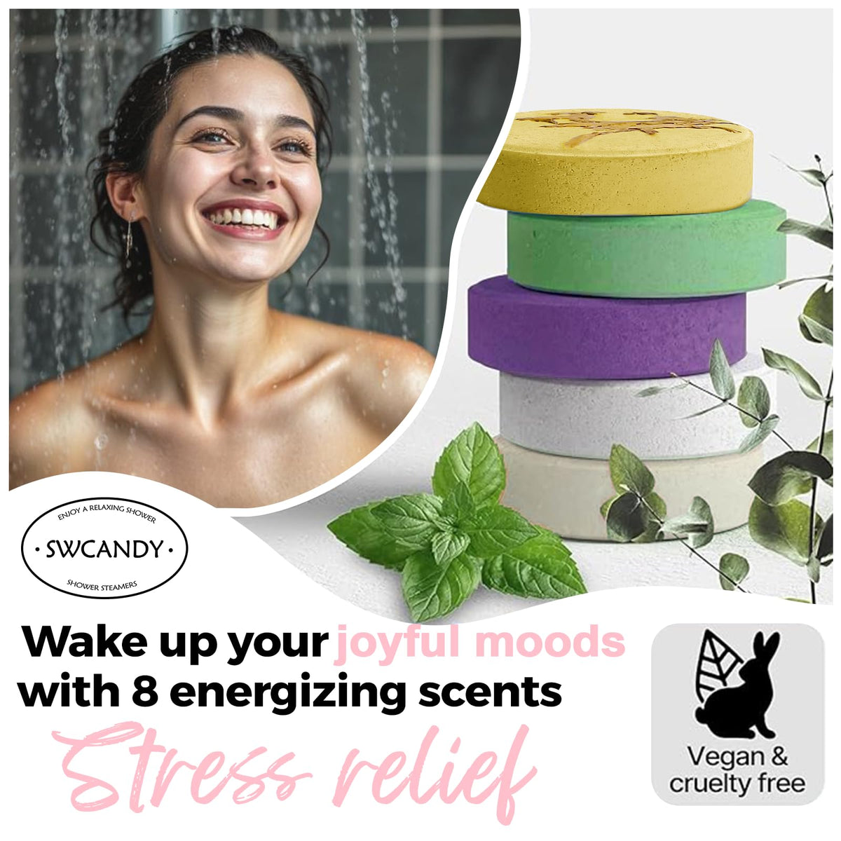SWCANDY tablet in shower releasing steam and creating calming scent