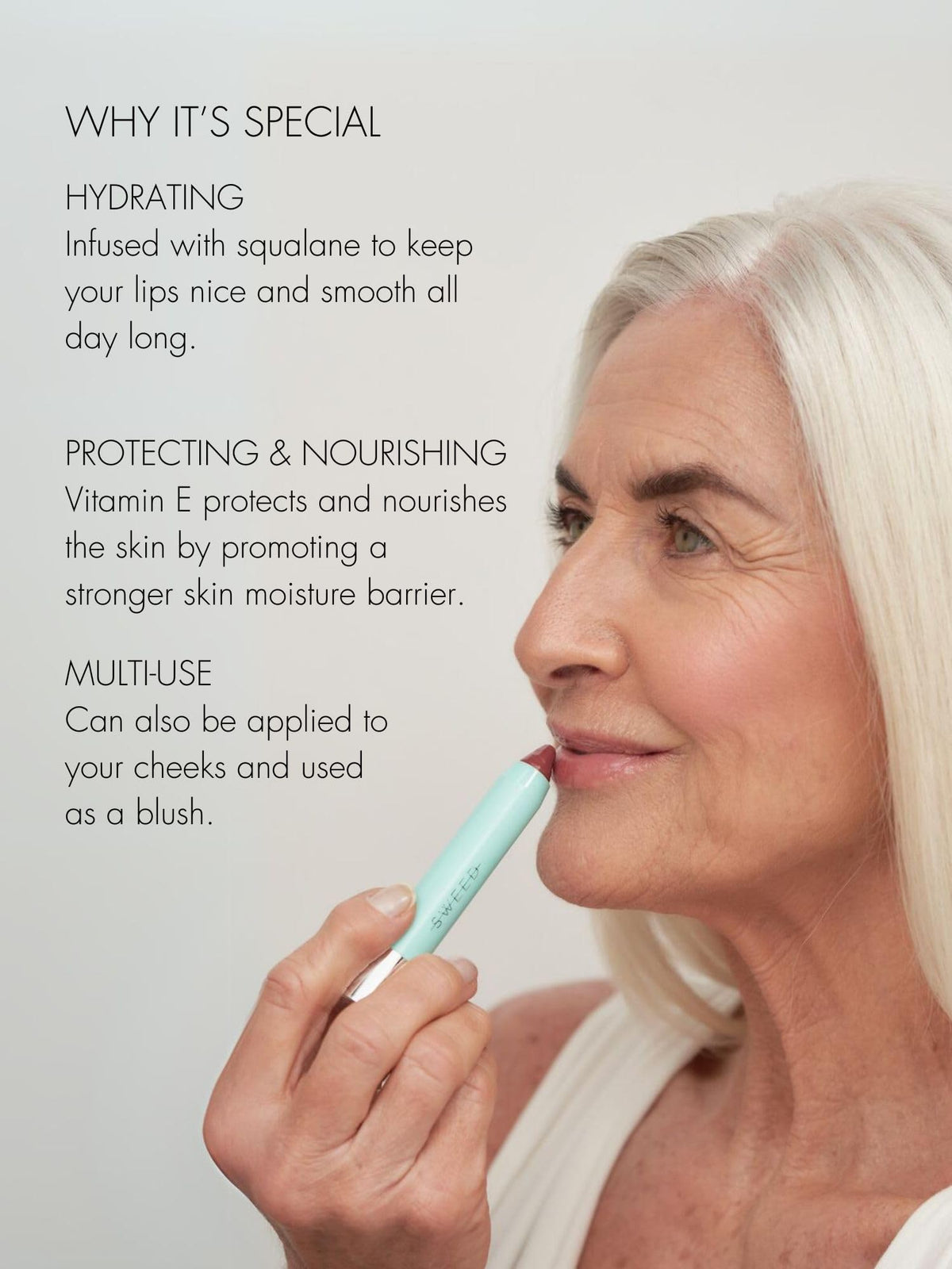 Sweed Le Lipstick with squalane oil drop highlighting nourishing hydrating ingredient