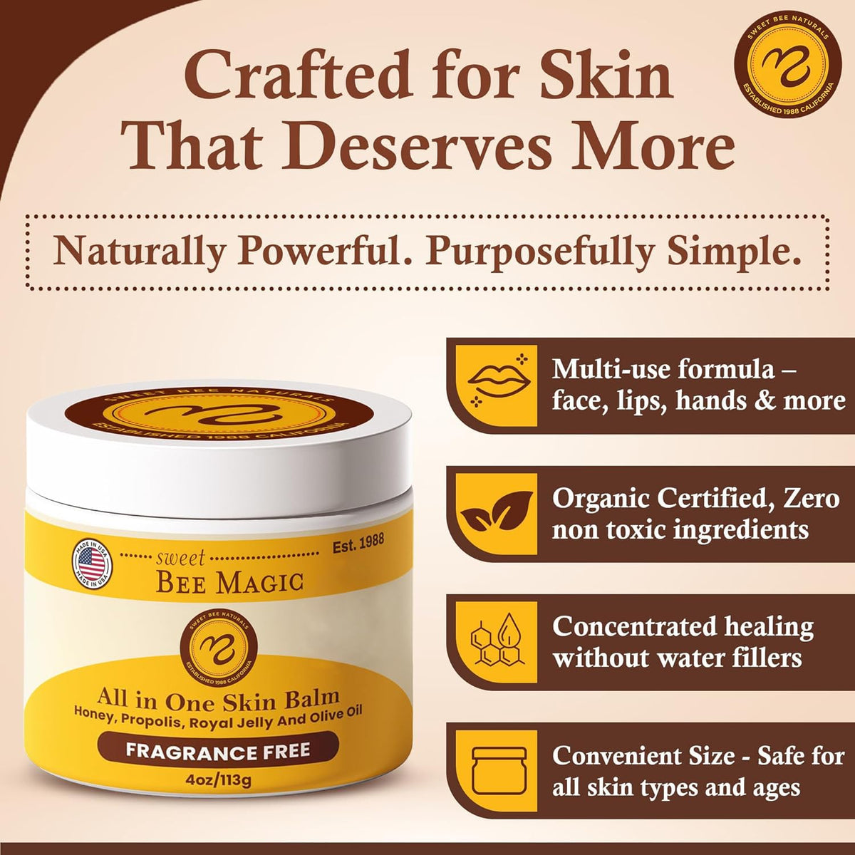 Sweet Bee Naturals open jar top view revealing smooth honey-colored balm