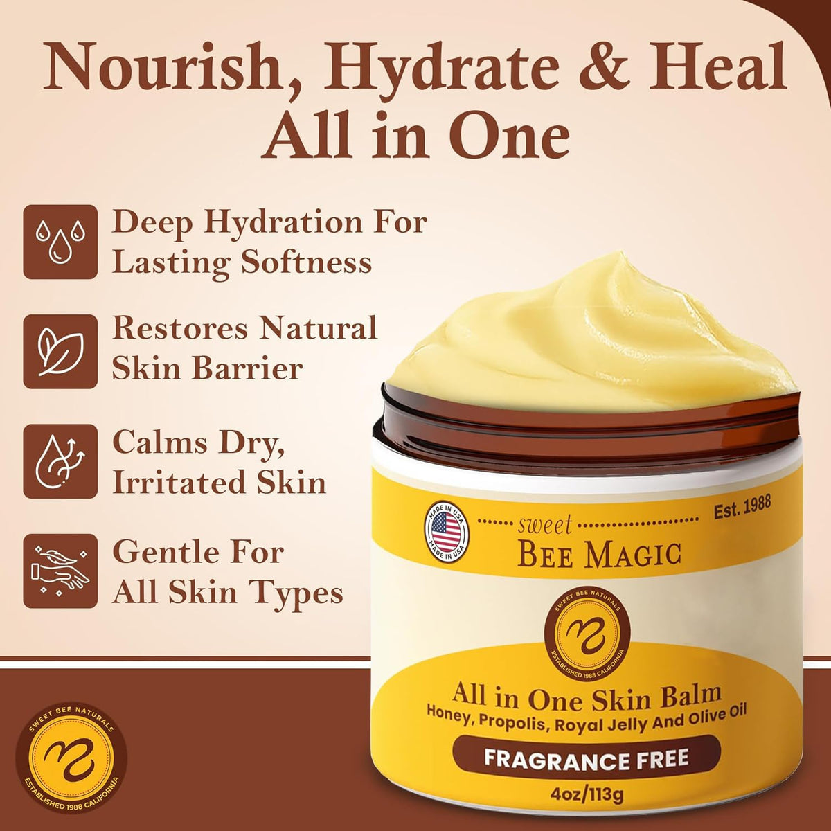Sweet Bee Naturals jar beside common items to show 4 oz scale convenience