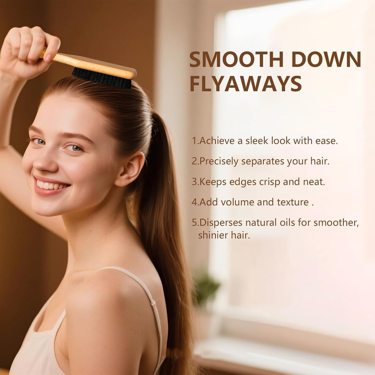 SWEET VIEW brush held in hand styling flyaways for precise control and neat edges