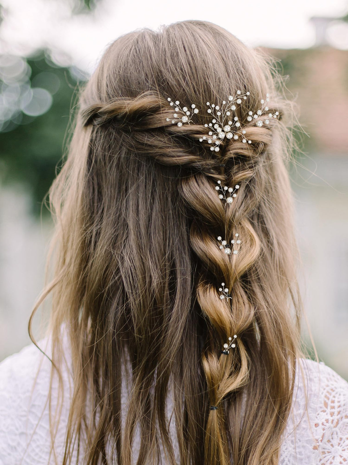 SWEETV front view of seven-piece bridal hair pins showing package and contents for easy selection