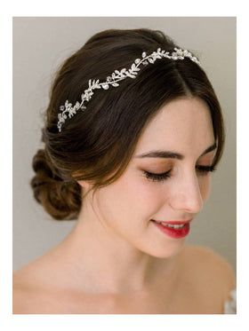 SWEETV headband front view showing elegant silver leaves and crystals, adds bridal sparkle