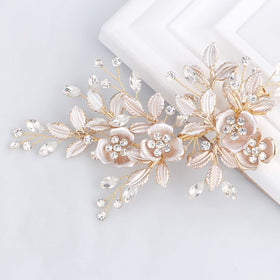 SWEETV front view of rose gold bridal comb showing floral design and sparkle
