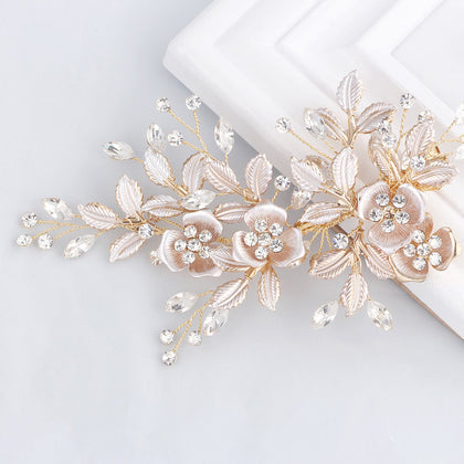 SWEETV front view of rose gold bridal comb showing floral design and sparkle