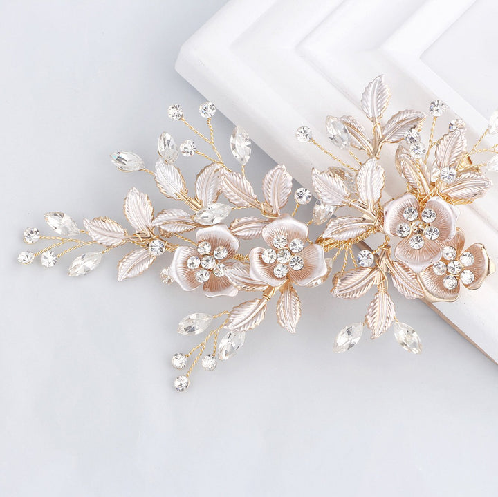 SWEETV front view of rose gold bridal comb showing floral design and sparkle