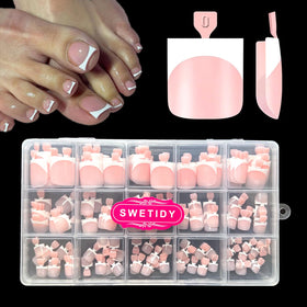 SWETIDAY front packaging showing 150 baby pink French toe tips and box, easy storage benefit