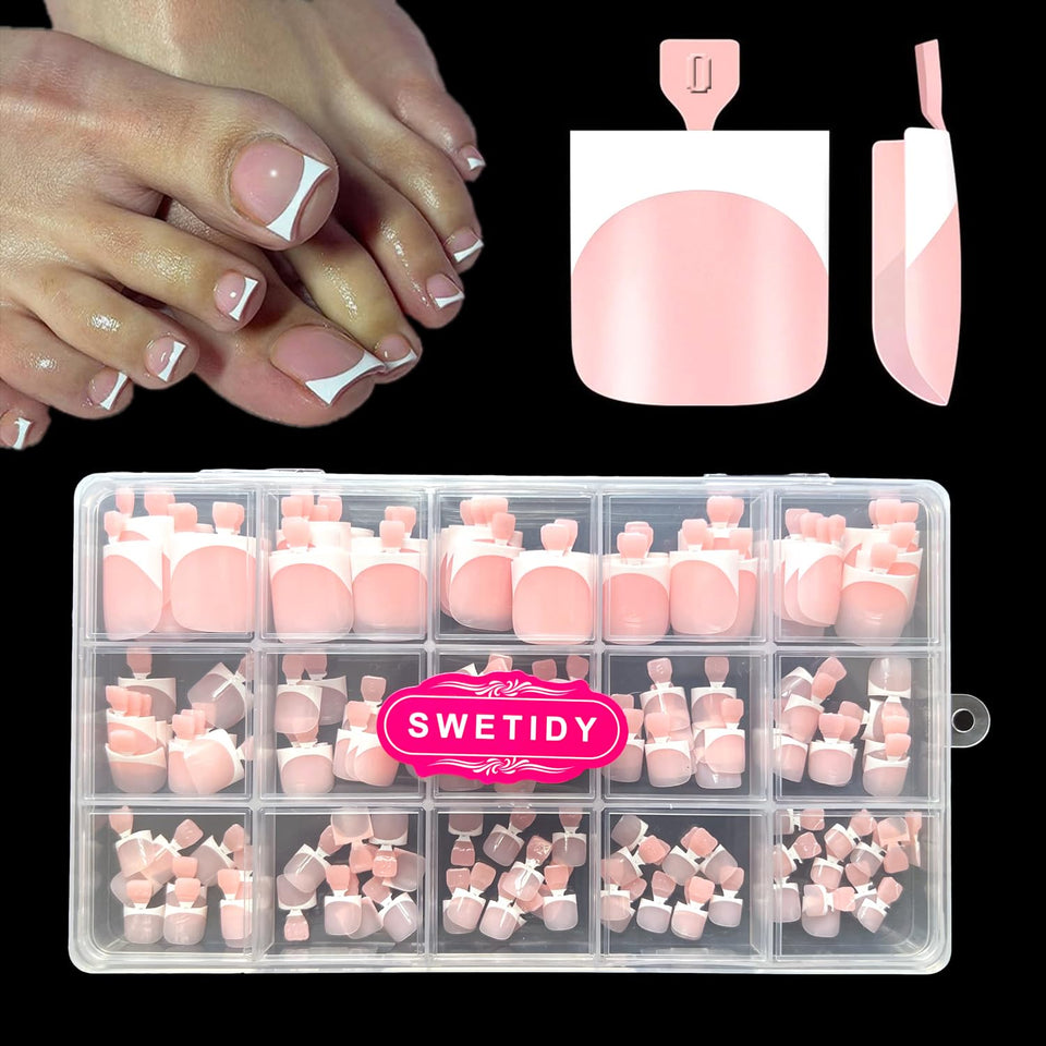 SWETIDAY front packaging showing 150 baby pink French toe tips and box, easy storage benefit