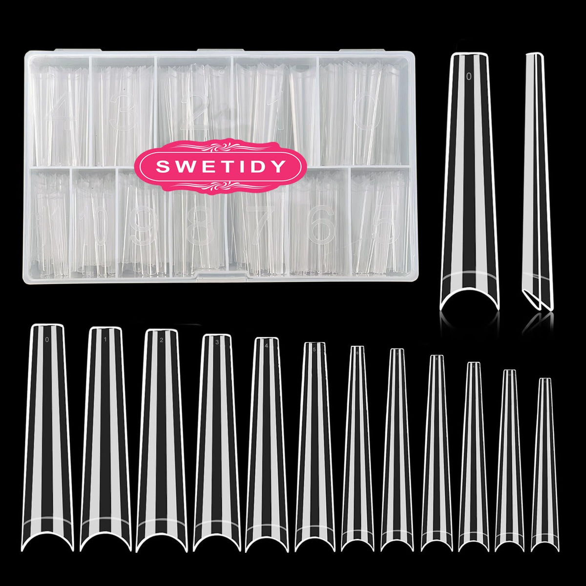 SWETIDY front packaging showing 504pc clear coffin tips and benefits