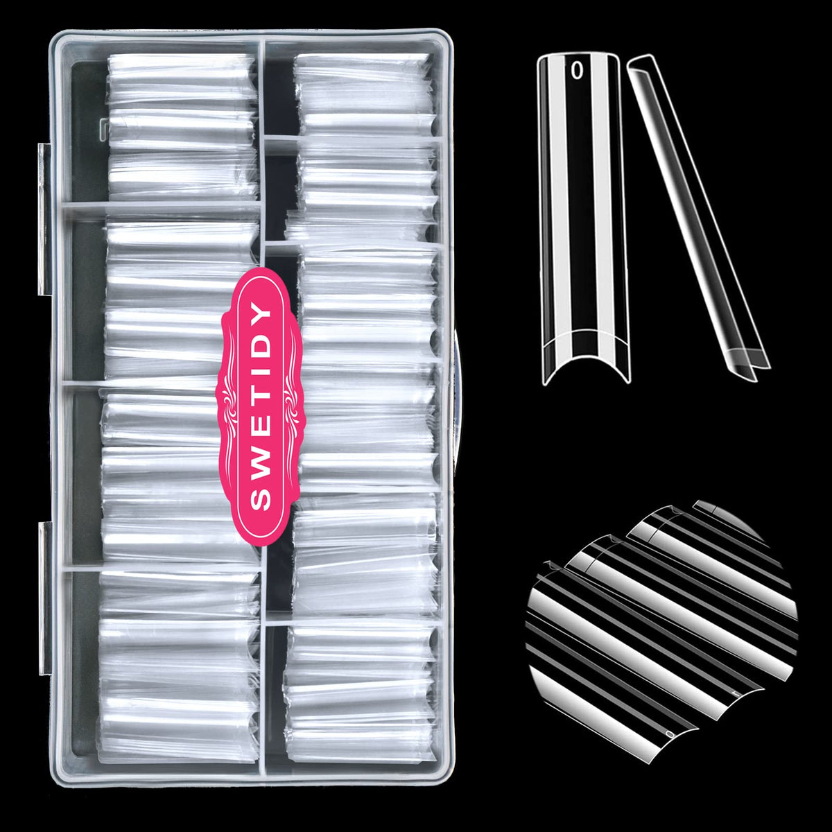 SWETIDY front packaging showing 500 clear XXL nail tips and contents benefit of quantity