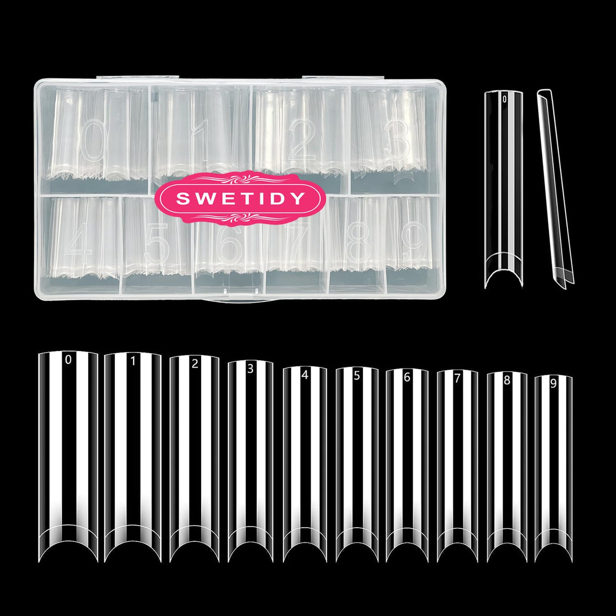 SWETIDY front packaging showing 500 clear XXL square tips and organized box