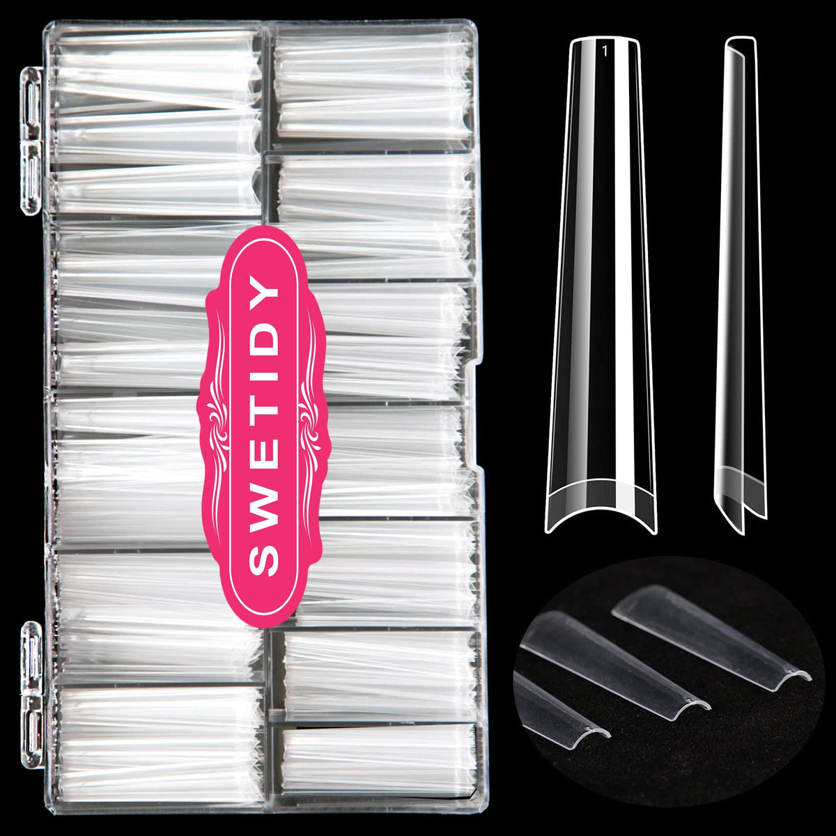 SWETIDY front packaging showing 420 clear coffin nail tips and sizes, professional supply