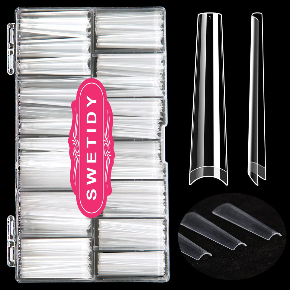 SWETIDY front packaging showing 420 clear coffin nail tips and sizes, professional supply