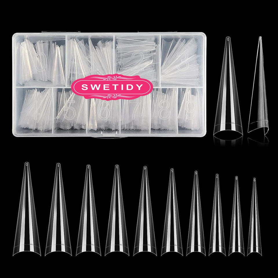 SWETIDY front packaging showing 500 XL stiletto tips and organized box, easy storage