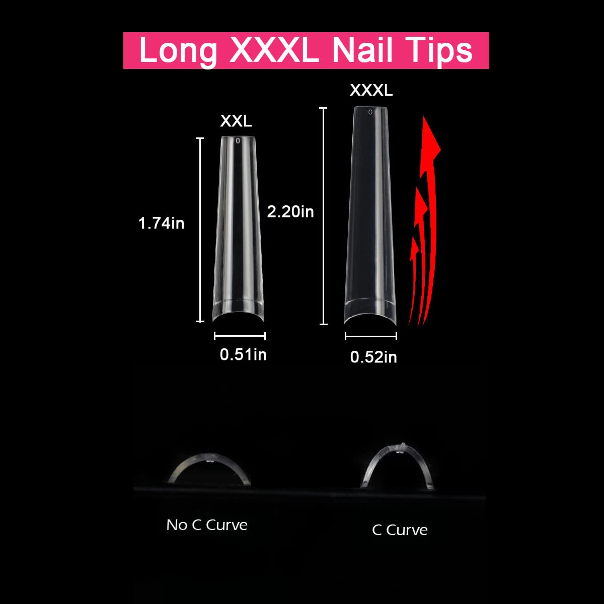 SWETIDY long coffin tip beside a fingertip for scale, visualizes dramatic length