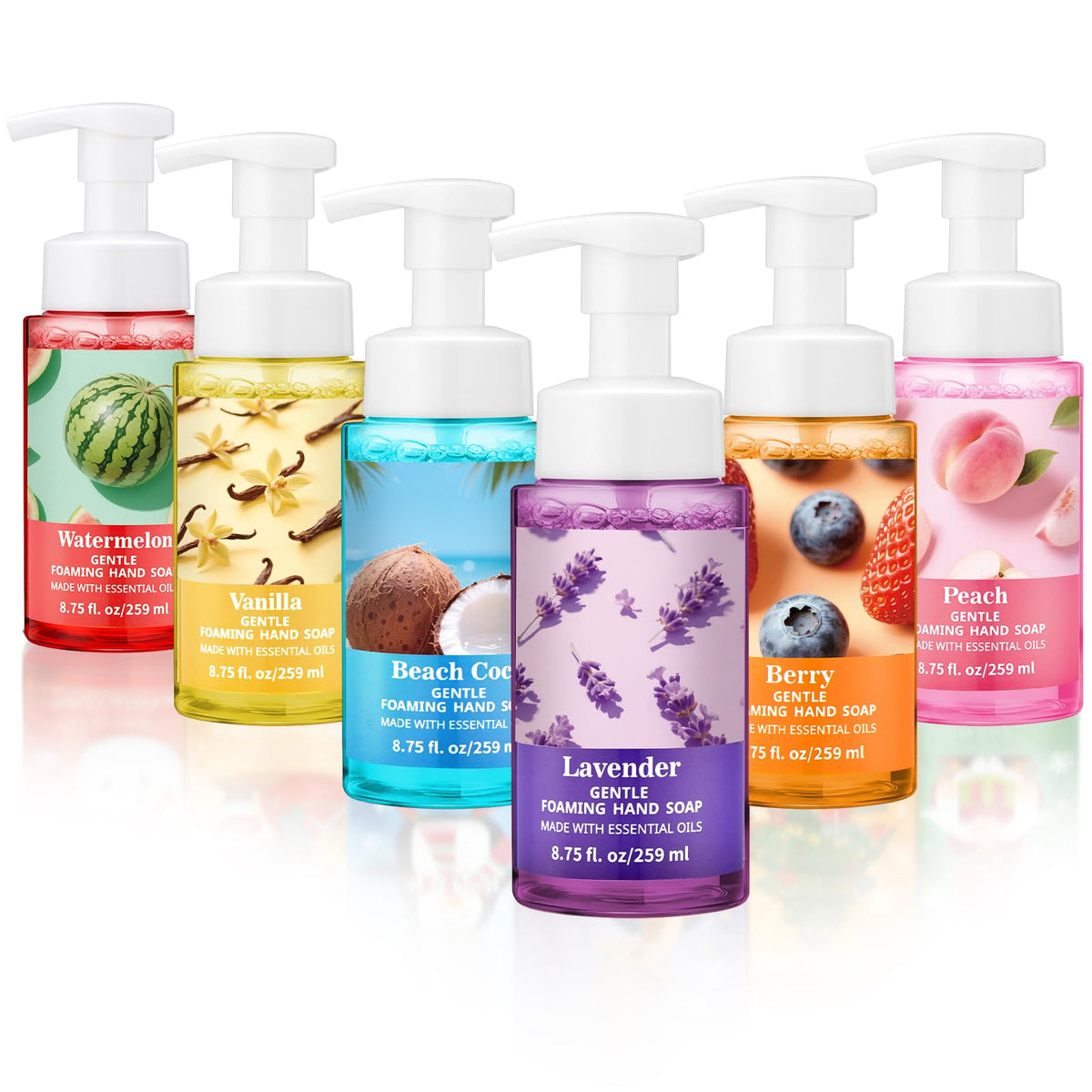 Swiffen front packaging of six colorful pump bottles showing variety and convenience